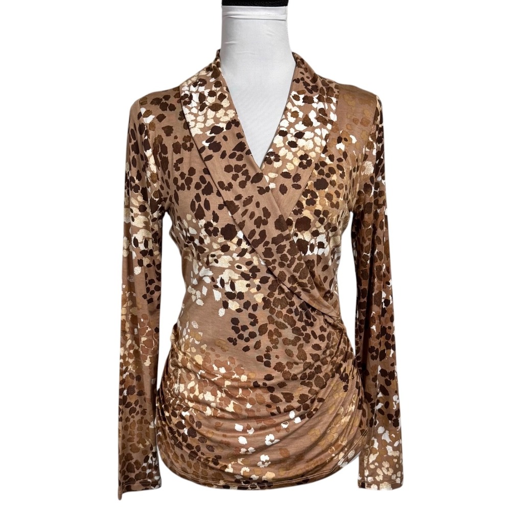 NWT Ann Taylor Long Sleeve Knit Top M Ruched Collared Wrap Brown Deer Leopard